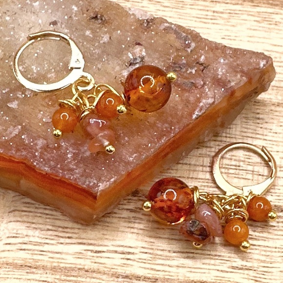 Baltic Amber and Carnelian confetti gold dangle cluster chandelier earrings - Picture 1 of 5